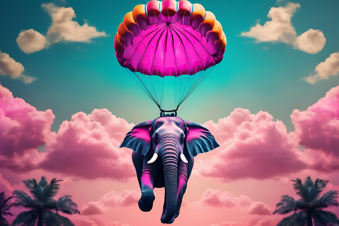 AI generated image of an elephant parachuting across a sunset sky.