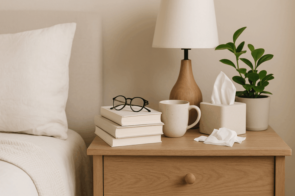 A close-up view of a wooden bedside table in a serene, softly lit bedroom. On the tabletop sit a stack of books with black reading glasses on top, a cream-coloured mug, a potted plant, a tissue box, and a used tissue. A natural wood lamp and a pale bed pillow complete the calm, lived-in scene. The colour palette is warm and neutral, evoking a sense of peaceful simplicity.
