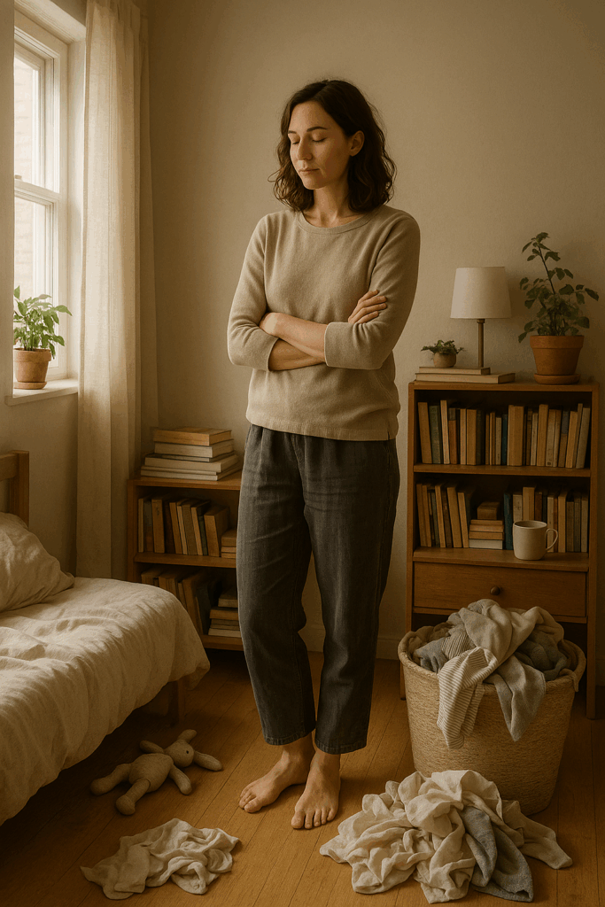 Woman pausing thoughtfully in a softly lit, cluttered bedroom with books, laundry, and toys around her; a warm, peaceful space with natural textures and a calming atmosphere.