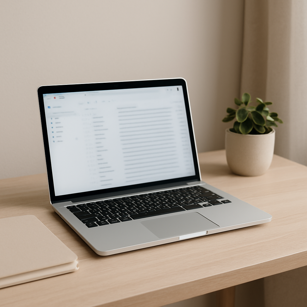 “Minimalist workspace with a silver laptop on a light wooden desk, showing a tidy email inbox. A beige notebook and a small potted plant sit nearby, with soft natural light and neutral tones creating a calm atmosphere.”