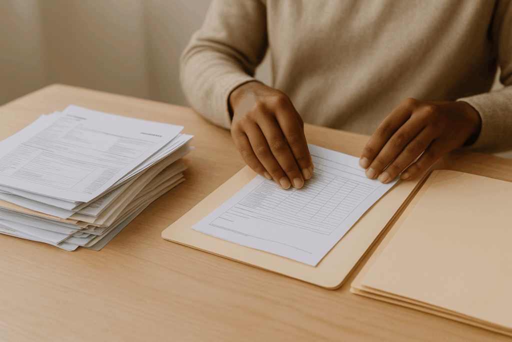 Close-up of hands sorting paperwork into folders on a tidy desk. Soft, neutral palette and natural light.