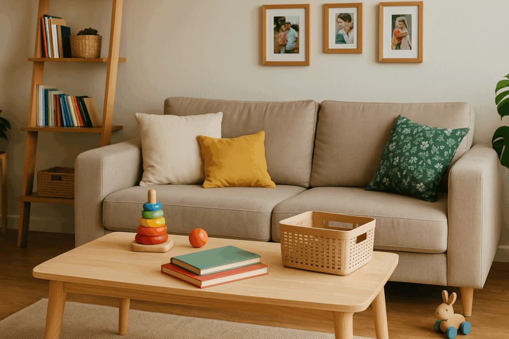 A warm, tidy family living room filled with natural light, showing a sofa, books, toys, and framed family photos—capturing a loving home full of life and potential without feeling cluttered.